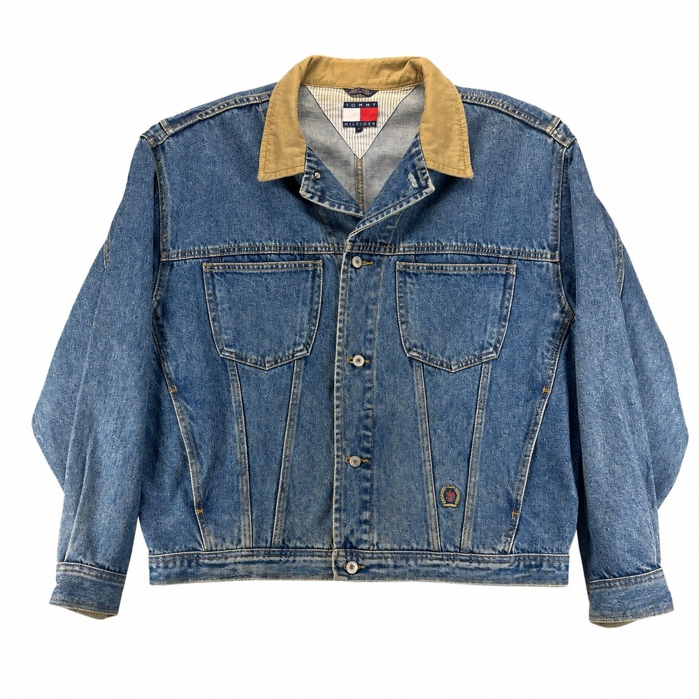Tommy Hilfiger Vintage 90s Denim Trucker Jacket Mens XL Corduroy Collar Crest